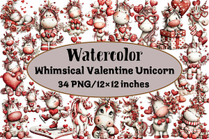 Whimsical Valentine Unicorn Clipart, an Illustration by Design Market