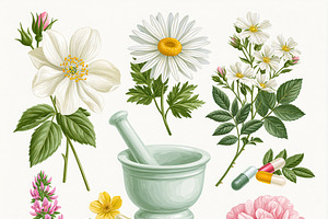 Botanical elements and pharmacy tools like a mortar and pestle, showing natural, an Illustration by Studio ANNA