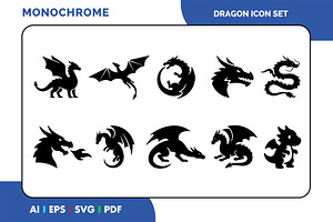 Dragon Icon Set Simple Black & White