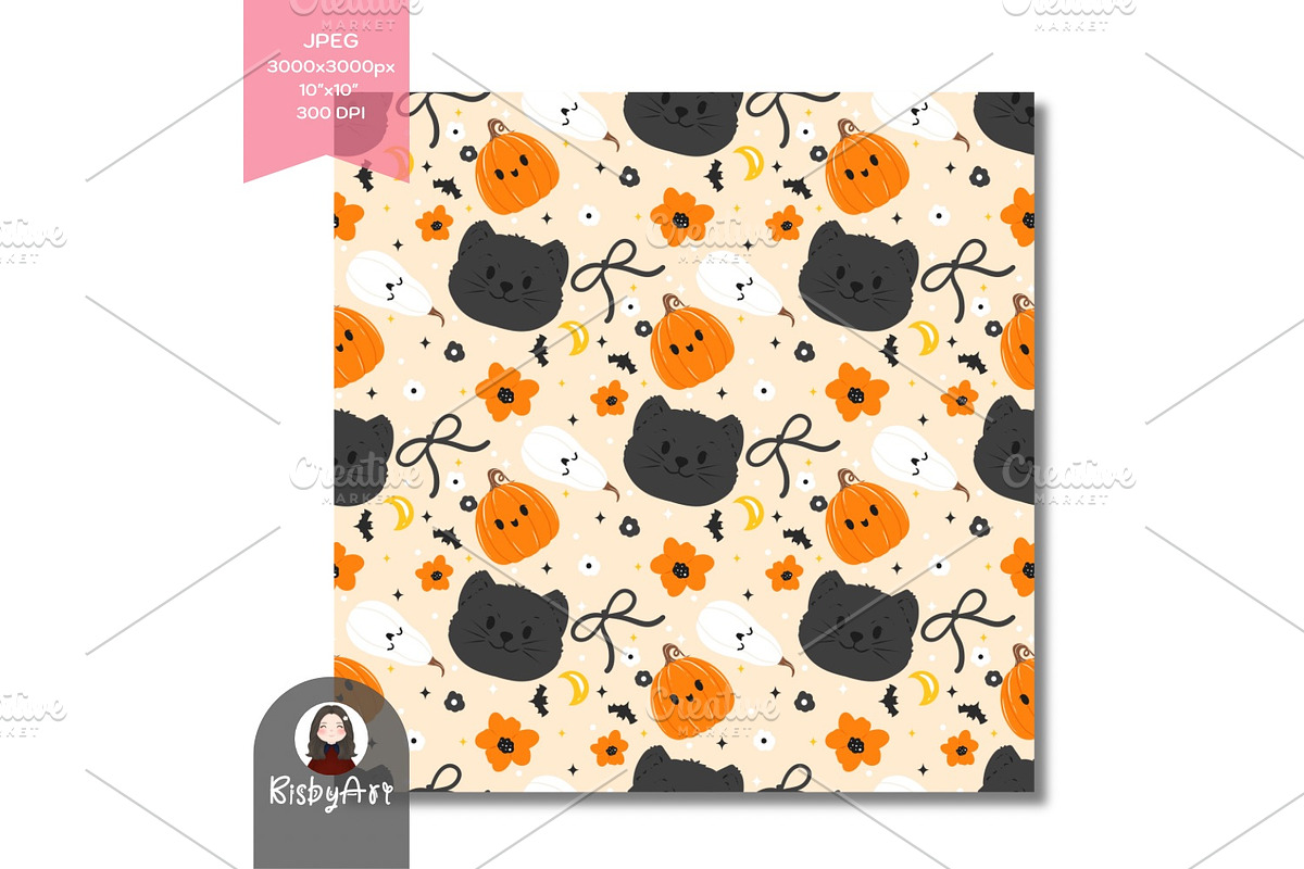 Halloween Black Cat and Pumpkin Sea, a Pattern Graphic by KisbyArt (Photo 2 of 3)