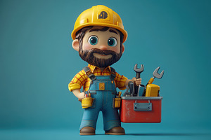 Cheerful cartoon construction worker, a Photo by Tanuart