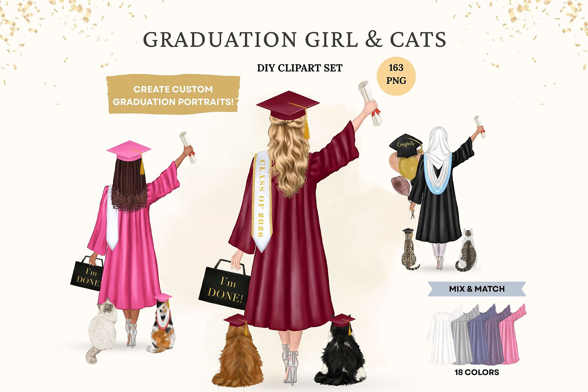 Graduation Girl with Cats Clipart, a Person Illustration by ColorfulPT (Photo 1 of 6)