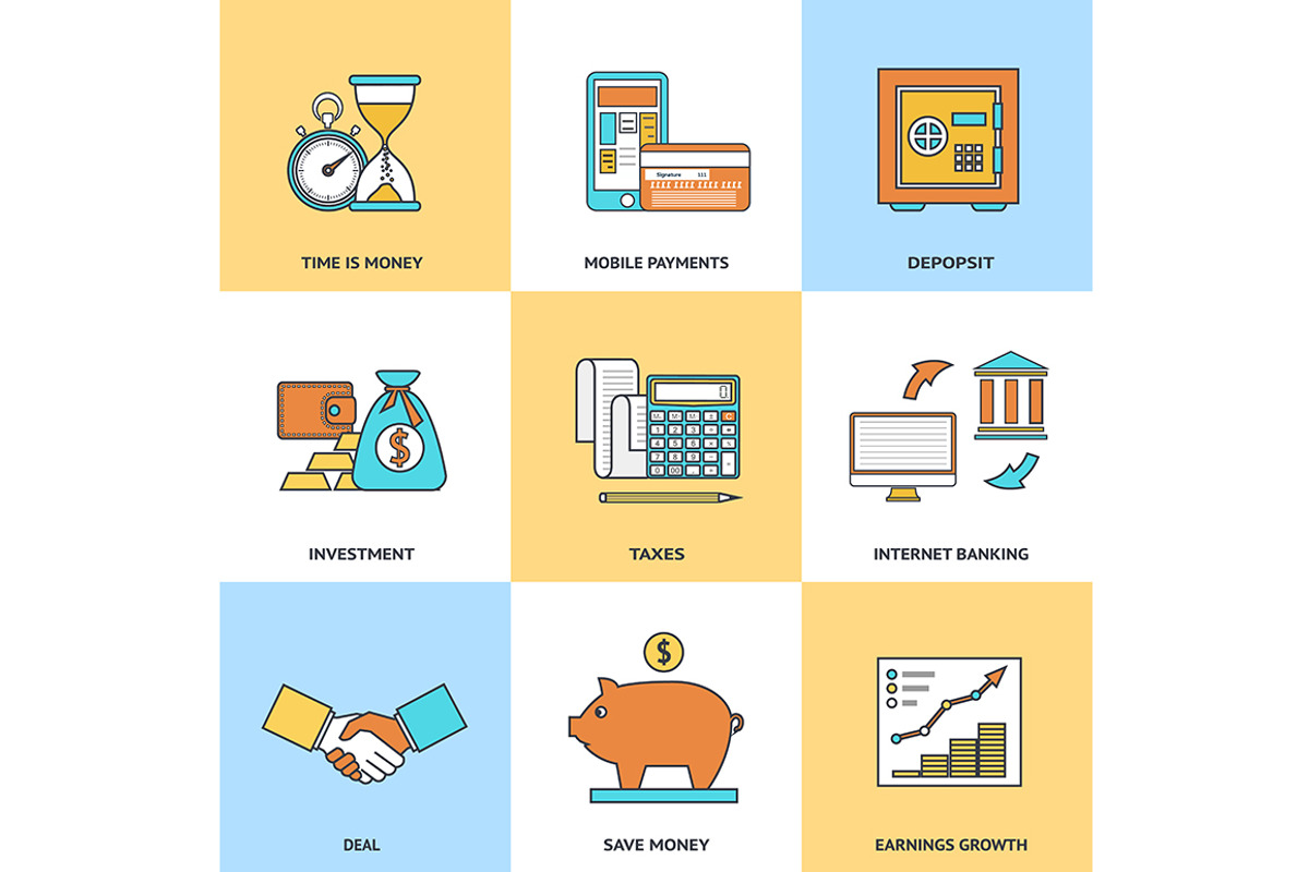Modern financial line icons set, a Templates & Theme by L_amica