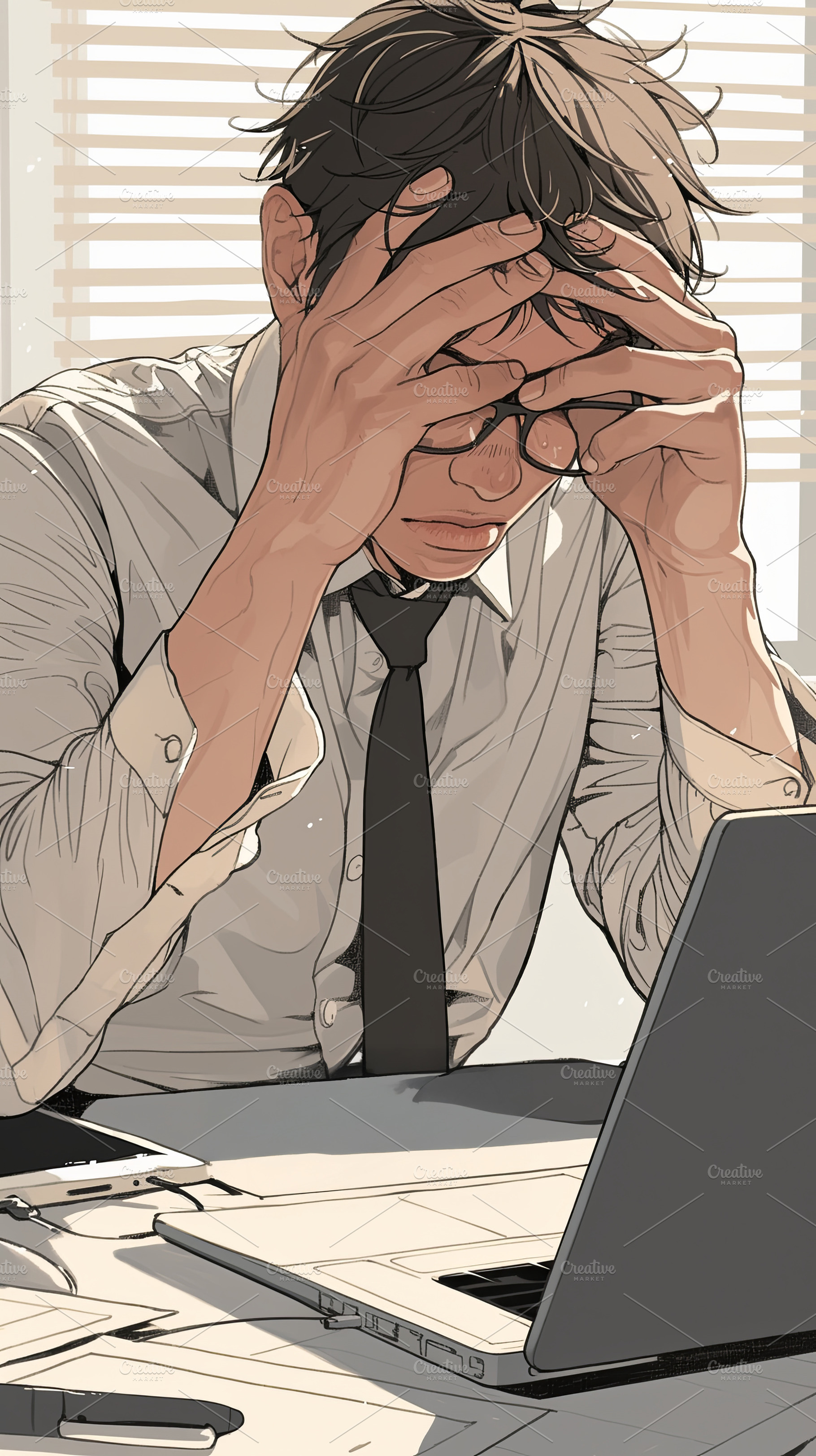 Frustrated businessman holding head at desk with laptop in office setting, a Photo by AS photostudio