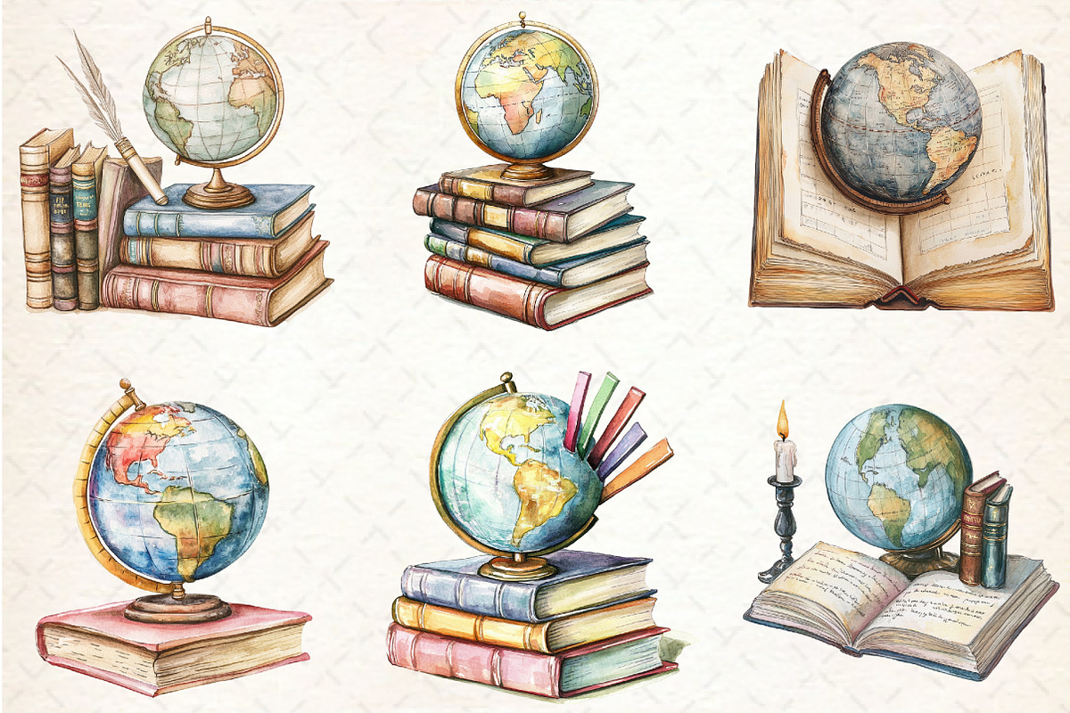 Old Globe on a Pile of Old Books Cli, a Seasonal Illustration by Rose Art (Photo 2 of 4)