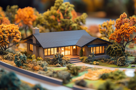 A detailed miniature model of a modern Traditional Ranch-style house surrounded, an Architecture Photo by Textures & Backgrounds