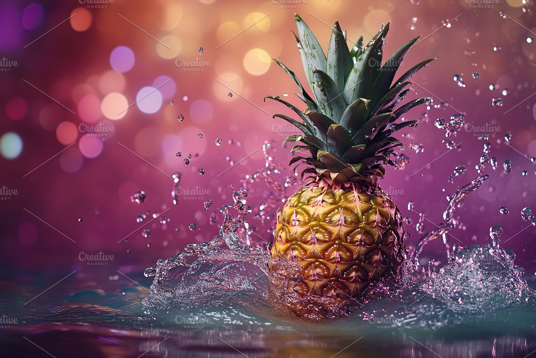 Fresh pineapple falling in transparent water, a Food & Drink Photo by AlyaAnd