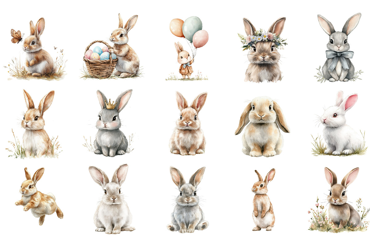 Watercolor Bunnies Clipart, an Illustration by Designking (Photo 3 of 5)