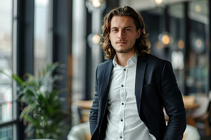 Young businessman in business suit with long hair standing on blurred office ba, a Business Photo by AlyaAnd