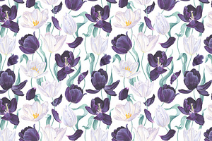 White & Dark Tulips Vector Pattern