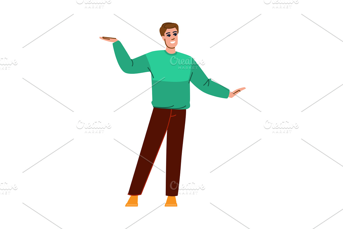 Smiling young man showing and, an Illustration by pikepicture