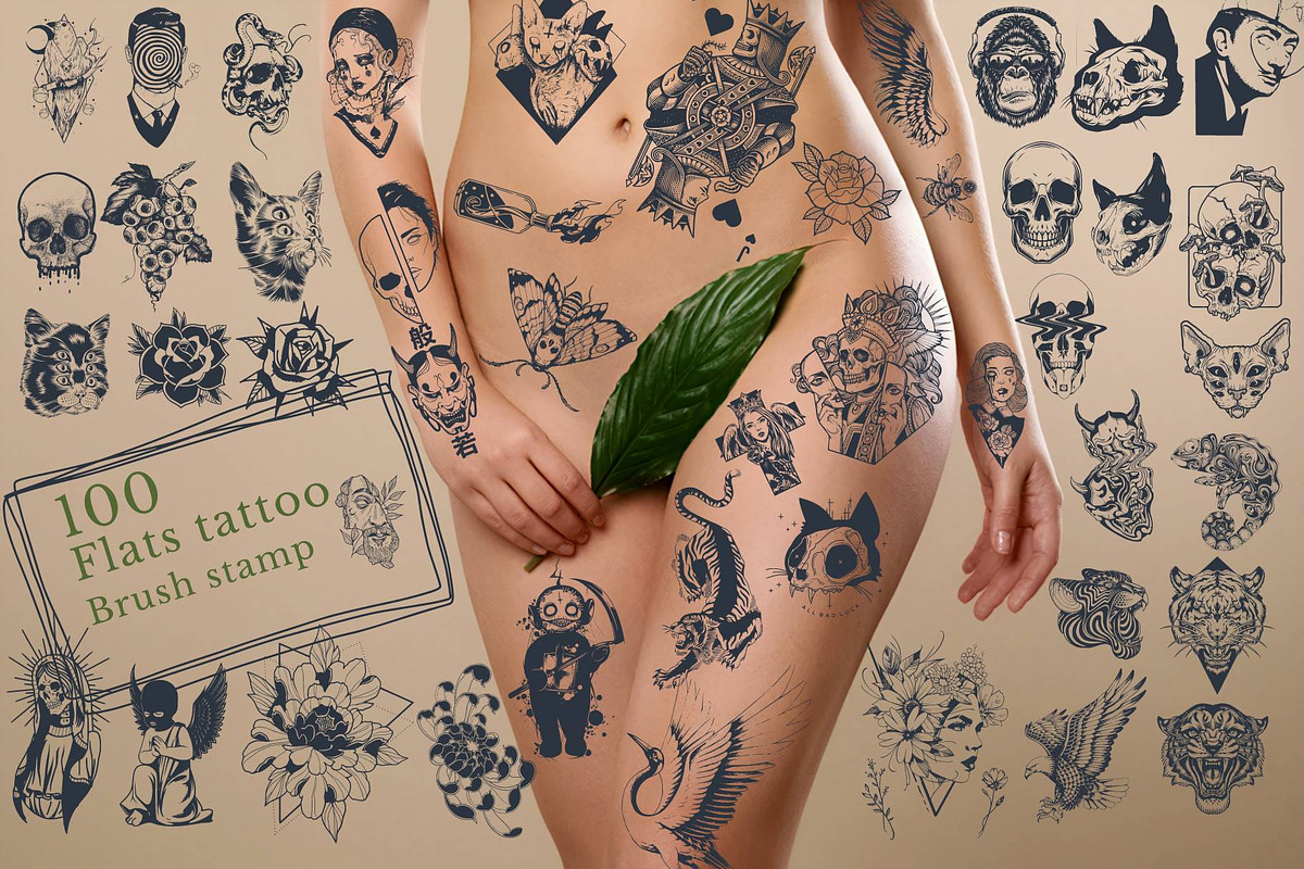100 flat tattoo Procreate brushes, a Brush Add-On by TaKong Magics (Photo 1 of 3)