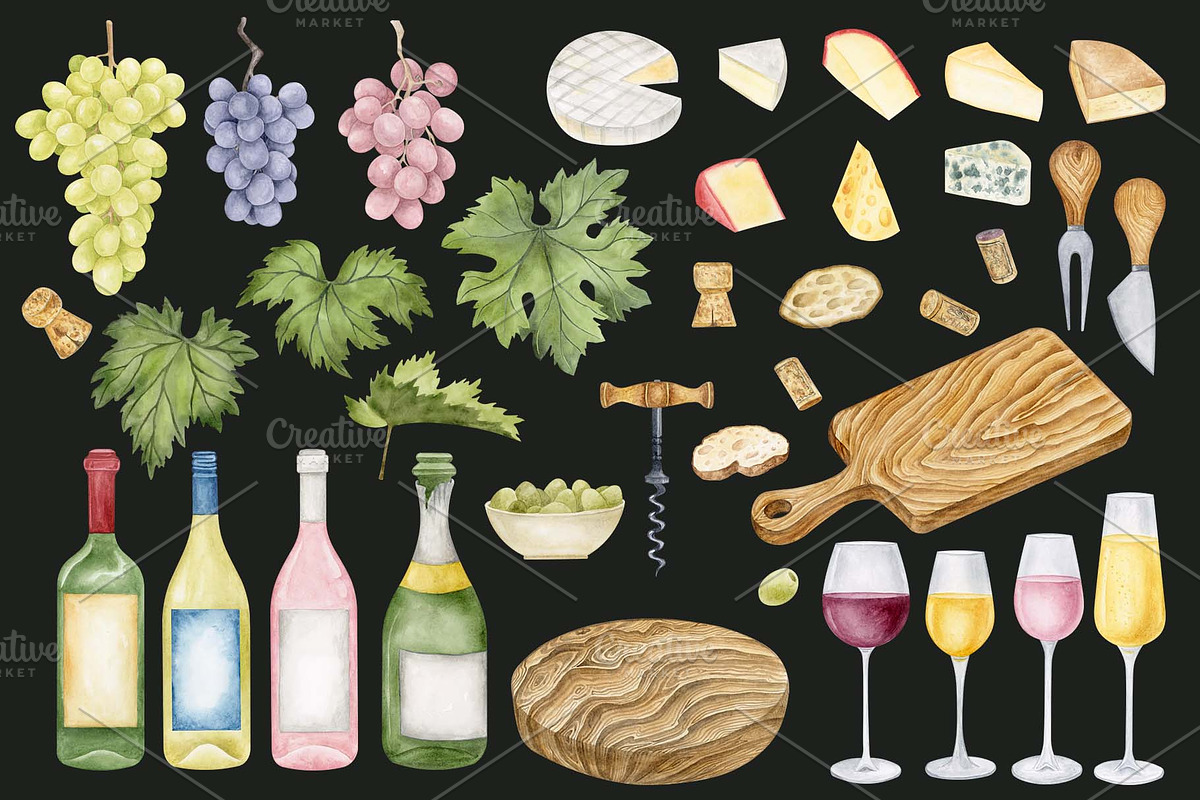 Watercolor Wine and Cheese set, a Food Illustration by KathrineWatercolor (Photo 3 of 6)