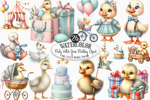 Watercolor Baby White Goose Birthday, an Illustration by Designking