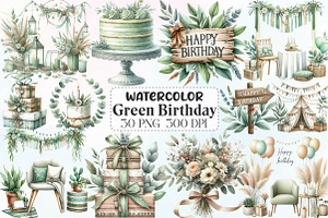 Boho Sage Green Birthday Clipart, an Illustration by CraftArtStudio