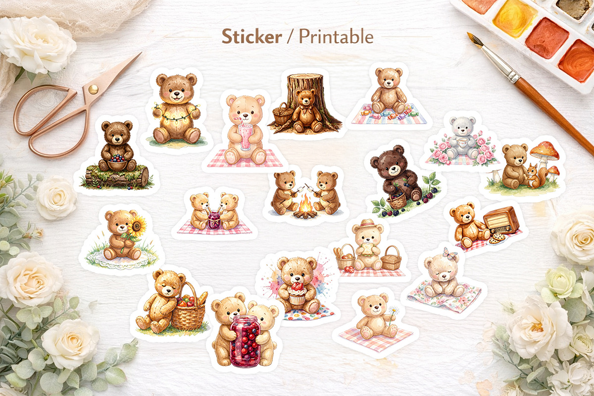 Watercolor Bear Picnic Sublimation, an Illustration by Artnoy (Photo 6 of 8)