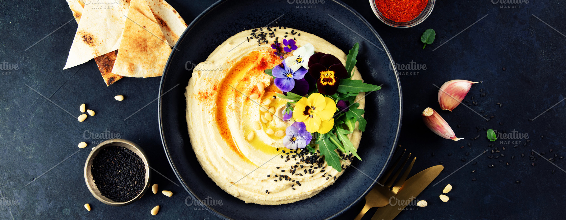 Gourmet Hummus with Edible Flowers, Pine Nuts, and Olive Oil, B, a Food & Drink Photo by Natalia Klenova's Shop