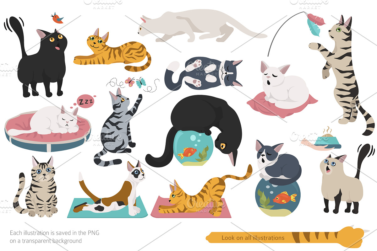 Cartoon cats clipart set, an Animal Illustration by pet design shop (Photo 1 of 12)