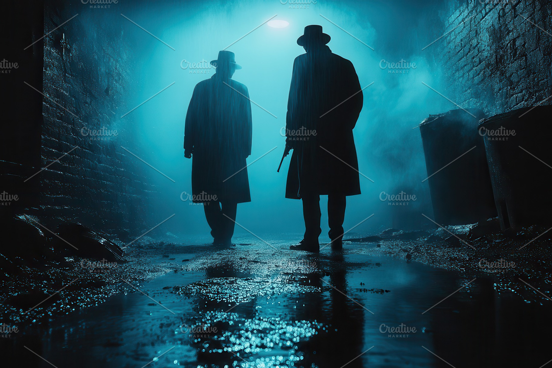Mysterious figures in foggy alleyway, a Photo by Tanuart