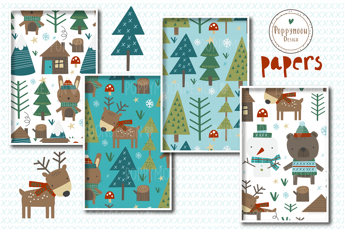 Winter Woods paper set, a Pattern Graphic by Poppymoondesign (Photo 2 of 3)