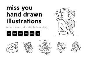 Miss You Doodle Icons Set, an Outline Icon by Vectors Market