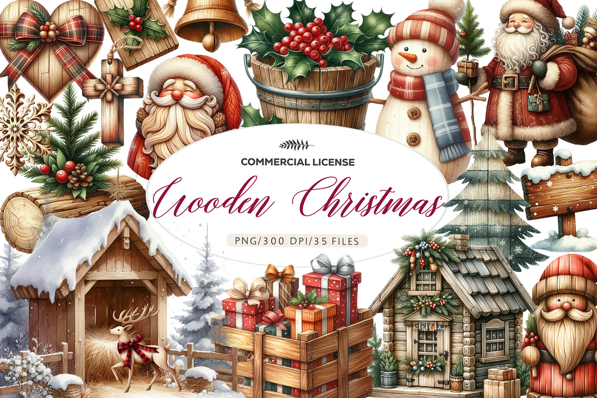 Rustic Wooden Christmas Clipart, an Illustration by CreationArt (Photo 1 of 5)