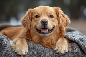 Happy golden retriever relaxing on a, a Photo by Tanuart