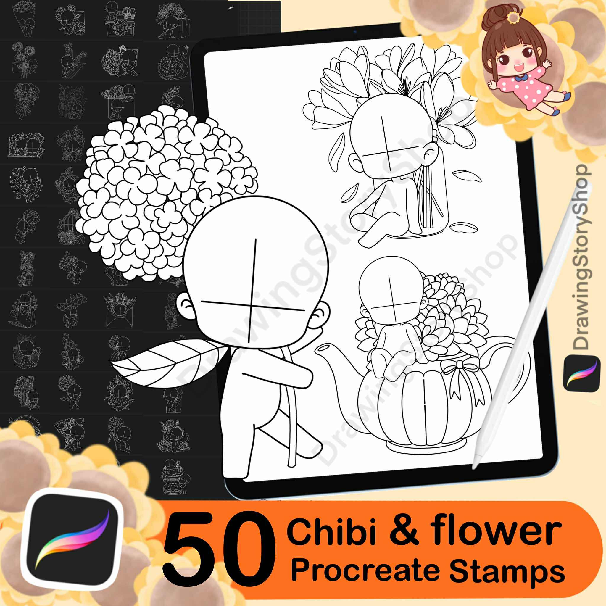 50 Procreate Chibi & Flower Stamps, a Brush Add-On by DrawingStoryShop