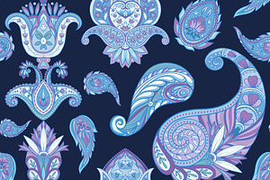 Blue Paisley Seamless Pattern Set