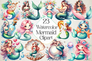 Cute Mermaid Watercolor Clipart, an Illustration by DreamPrint404