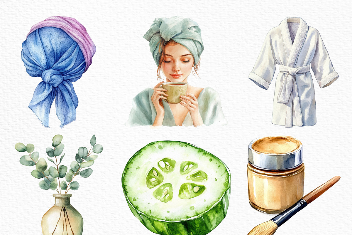 Watercolor Spa Day Clipart Bundle, an Illustration by Craft Nest (Photo 4 of 6)