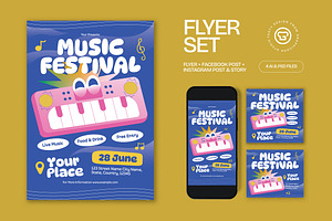 Blue Quirky Music Festival Flyer Set, a Flyer Template by graphicook