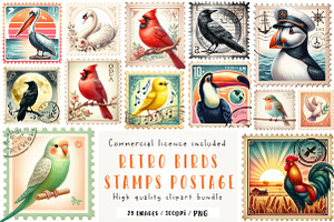 Retro Birds Stamps Postage Clipart, an Illustration by CreationArt