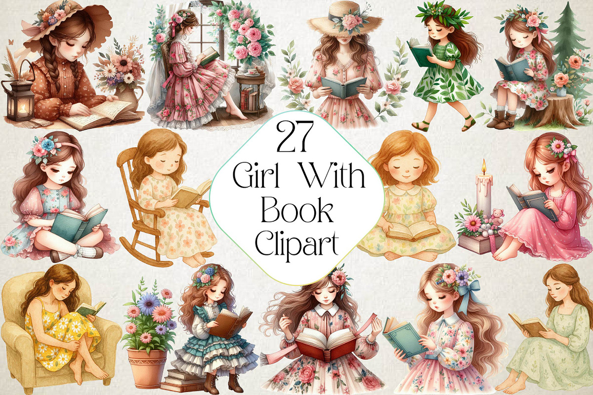 Girl in Floral Dress Read Book Clipa, an Illustration by DreamPrint404 (Photo 1 of 4)