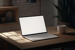 Modern home office workspace with a laptop and coffee cup in a cozy setting, a Business Photo by AlyaAnd