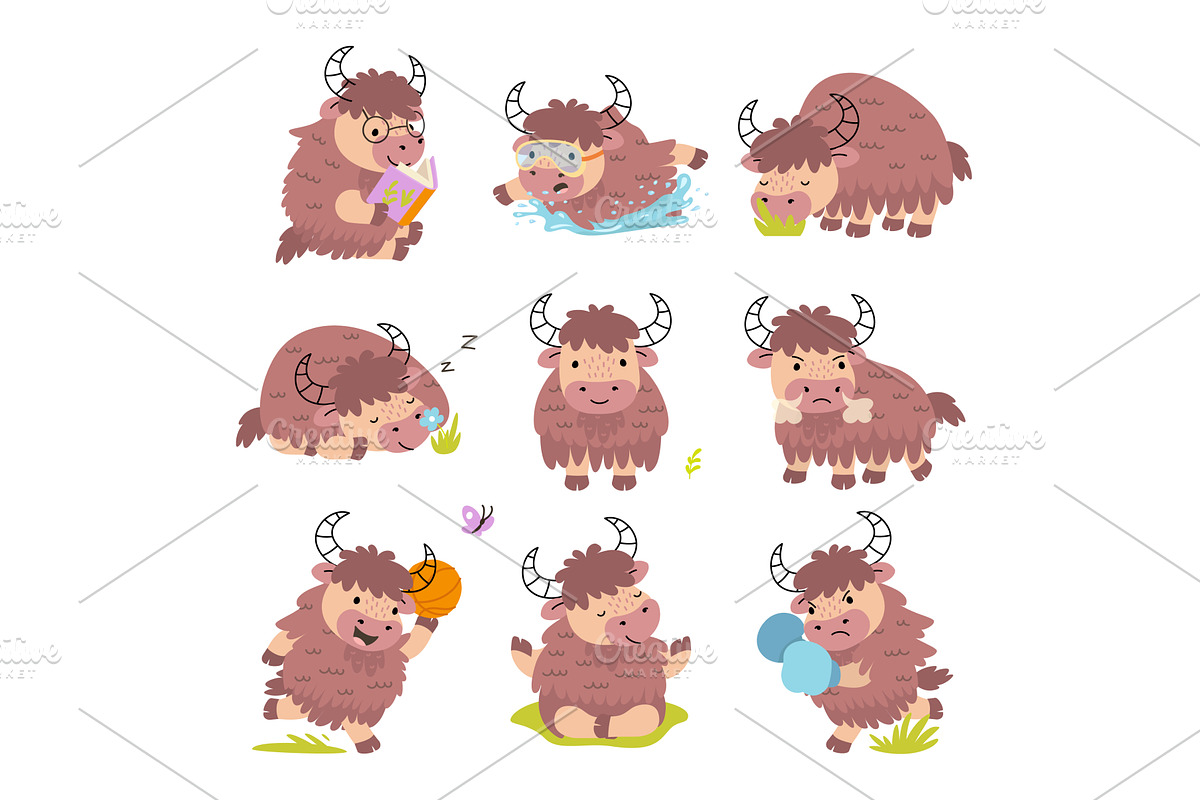Cartoon yak. Funny yaks in different, an Animal Illustration by Valerie Bodnar