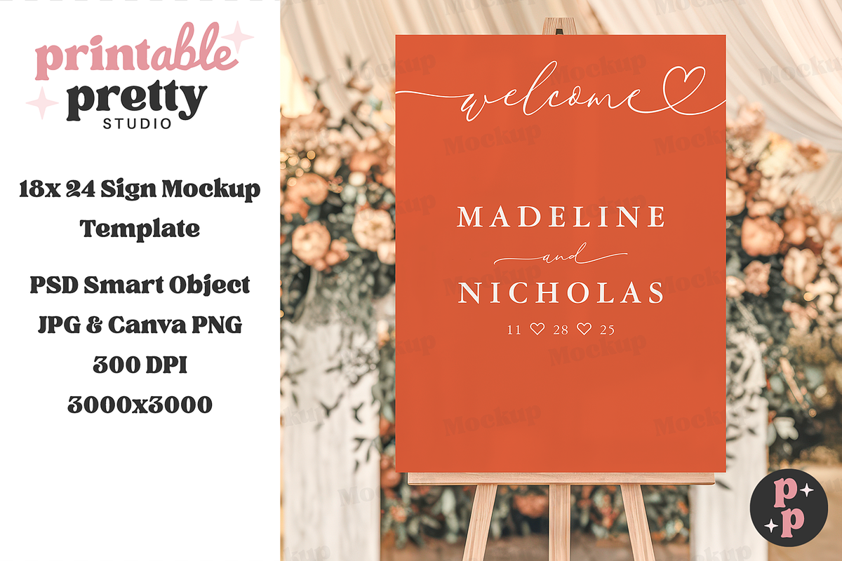 Peach Floral Wedding Sign Mockup PSD, a Product Mockup by Printable Pretty Studio (Photo 4 of 9)