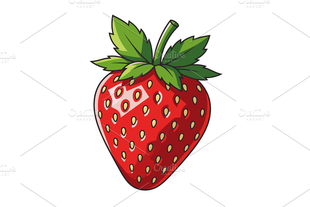 Bright Cartoon Strawberry With Green, a Food Illustration by AlexArt