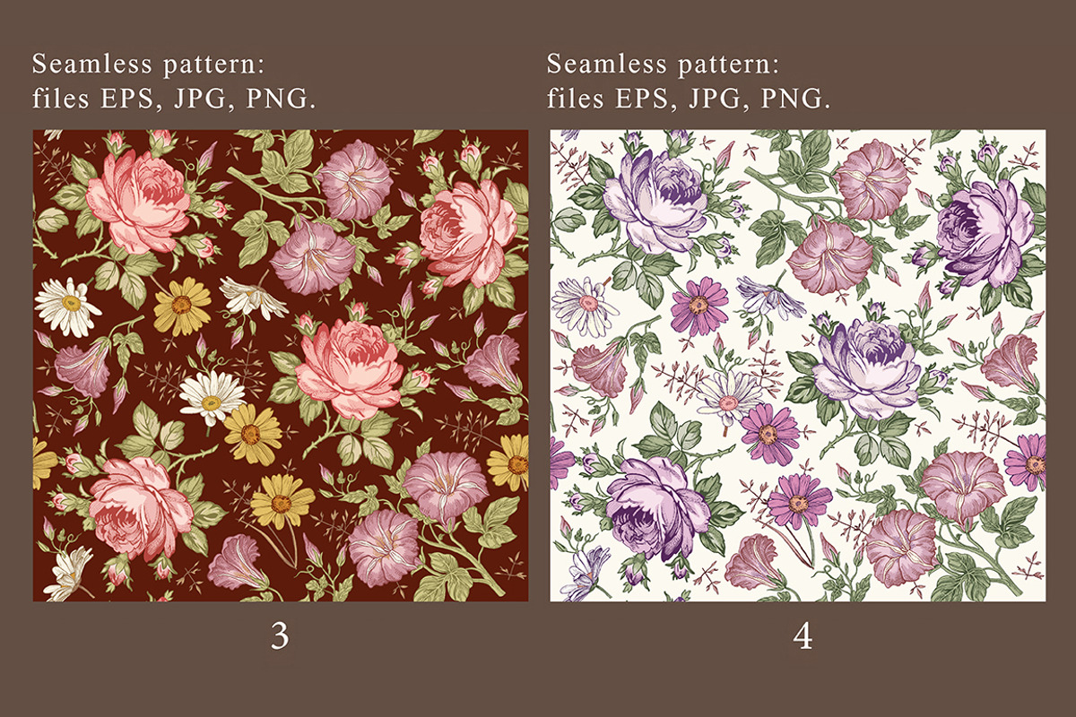 Set Seamless Flowers Roses Chamomile, a Pattern Graphic by Vintage (Photo 3 of 14)