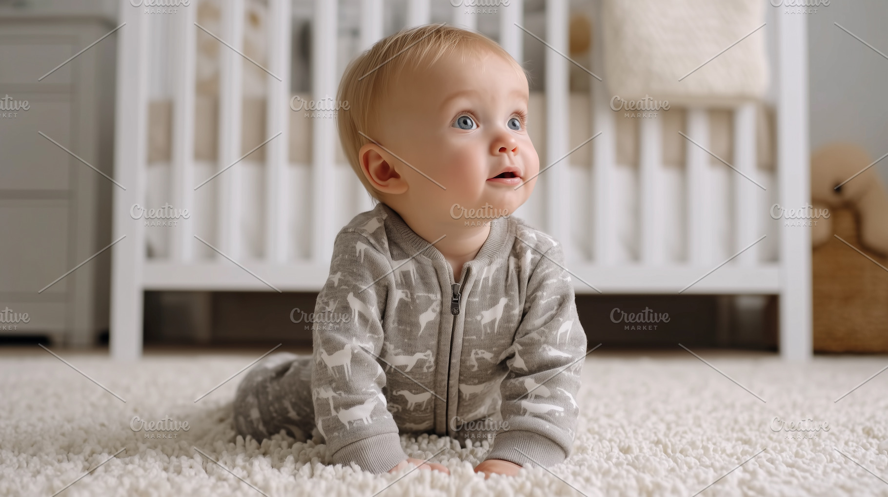 Curious baby in a printed onesie, a Person Photo by MistyDay