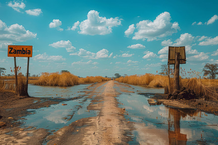 Scenic View of Rural Road in Zambia with Water Puddles and Blue Sky, a Photo by AS photostudio