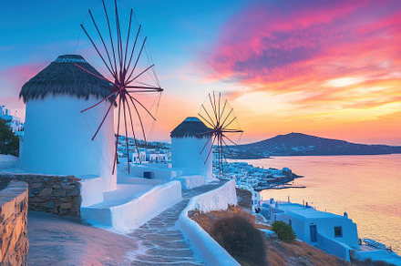 Stunning sunset view of Mykonos wind, a Photo by Iftikhar Alam