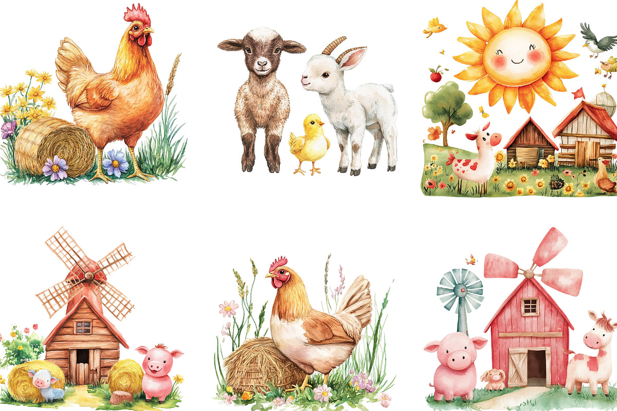Watercolor Farm Animals Clipart Set, an Illustration by Designking (Photo 5 of 5)