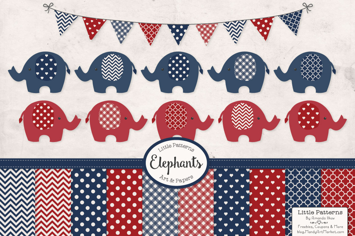 Americana Elephant Clipart & Papers, an Illustration by Amanda Ilkov (Photo 1 of 3)