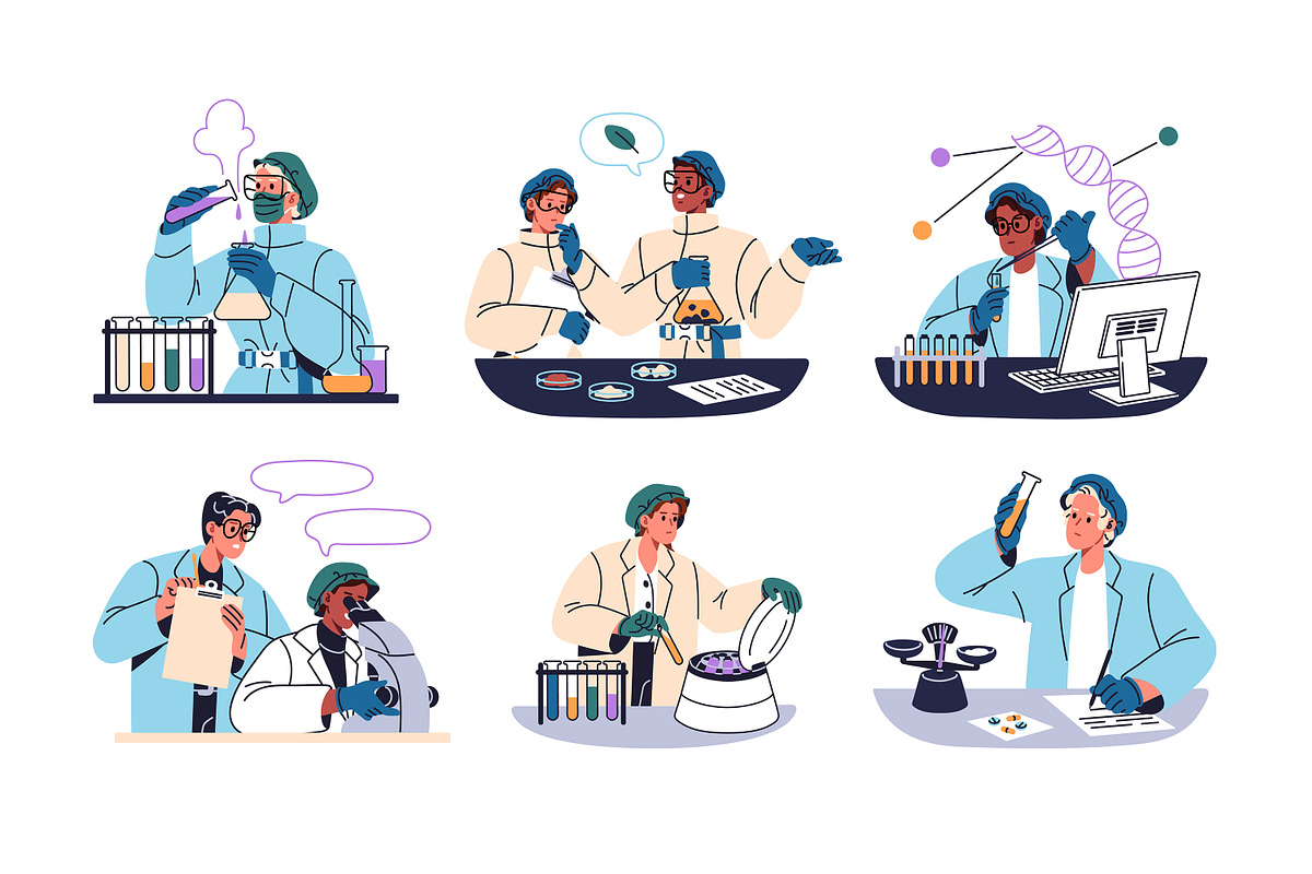 Scientists work in laboratory set, a Person Illustration by PaperTrident (Photo 1 of 7)
