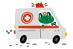 Cute Frog Driving Ambulance. Animal