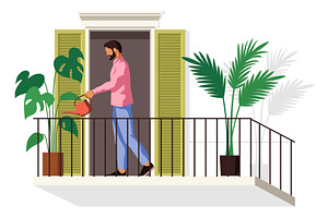 Man watering balcony plants. Happy, an Object Illustration by YummyBuum