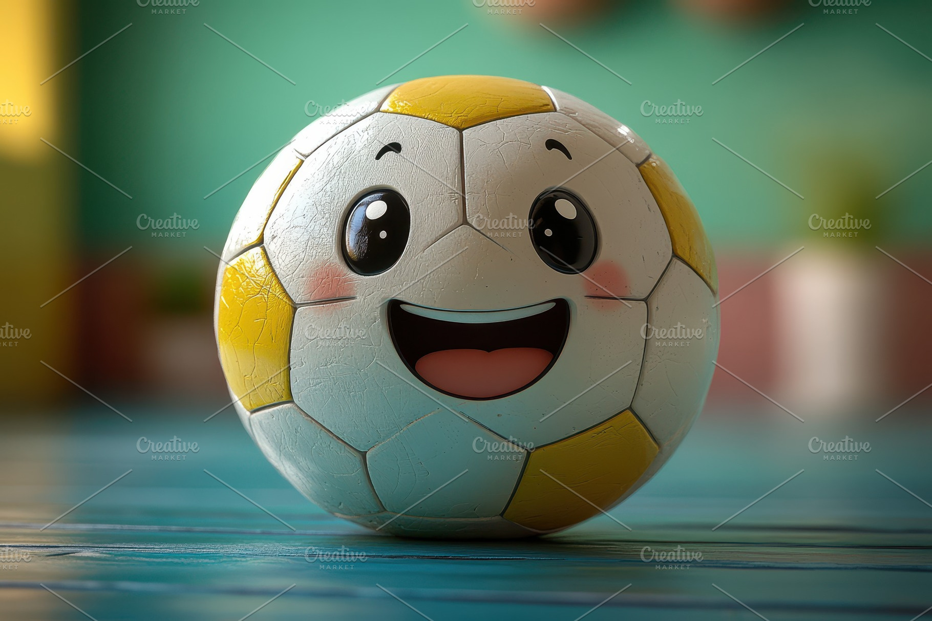 Happy cartoon soccer ball sits on co, a Photo by Tanuart