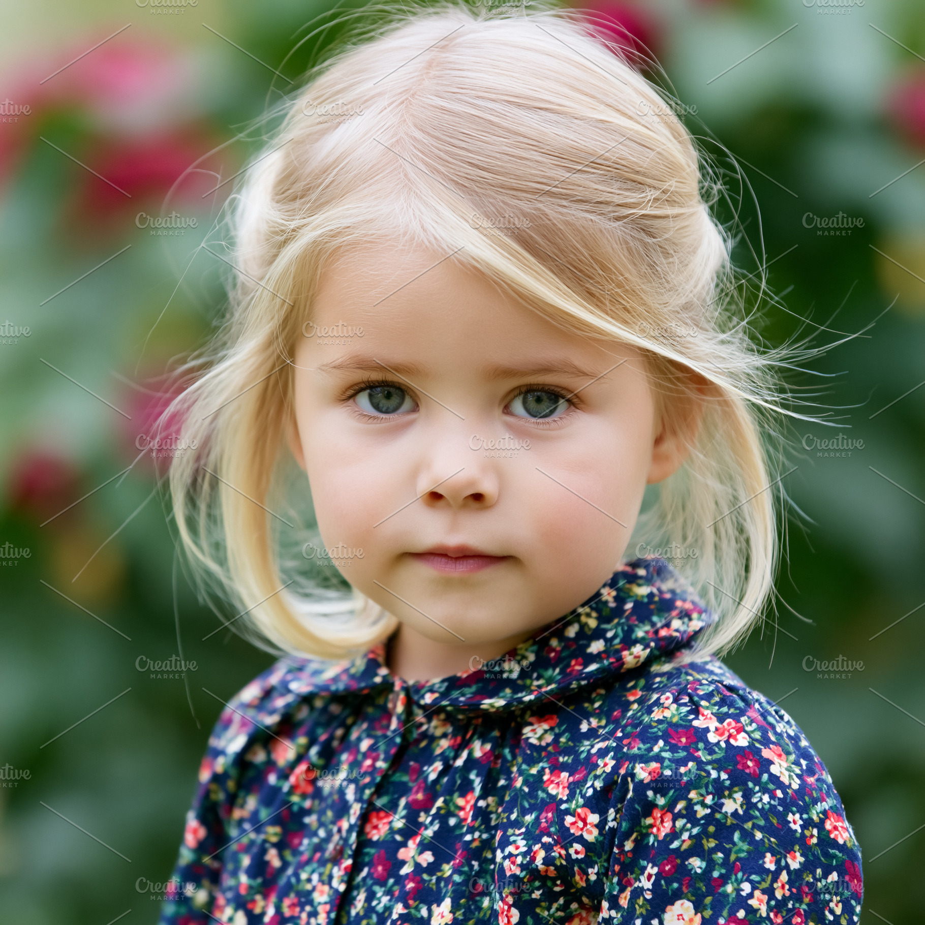 Blonde little girl looking at camera, standing outdoors with a f, a Person Photo by Studio ANNA