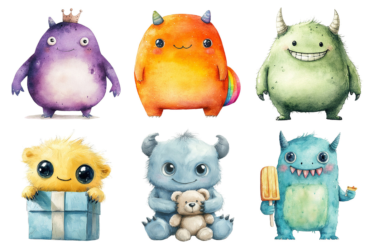 Cute Monsters Watercolor Clipart, an Illustration by Daily.Designs (Photo 4 of 4)